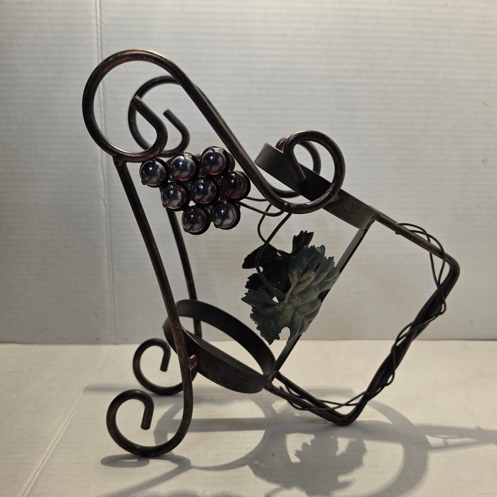 Vintage Wrought Iron Grape Vine Single Bottle Wine Rack Holder Bronze Tone Metal